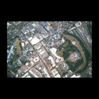 An aerial photograph of Rougemont Castle in 1989