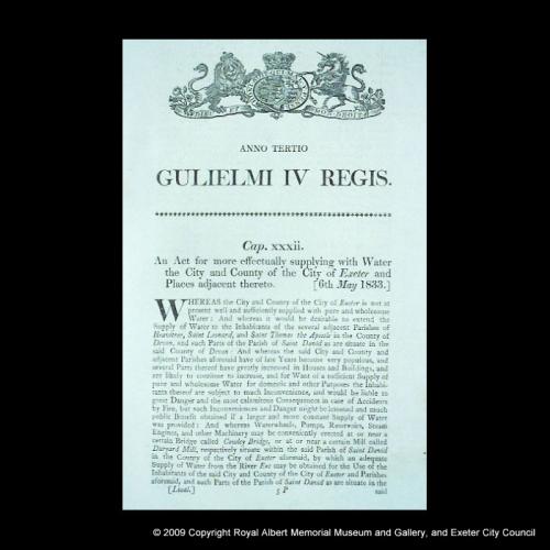 Parliamentary Act for providing a new water supply for Exeter, 1833
