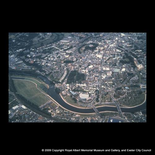 Aerial view of central Exeter with superimposed area of fortress