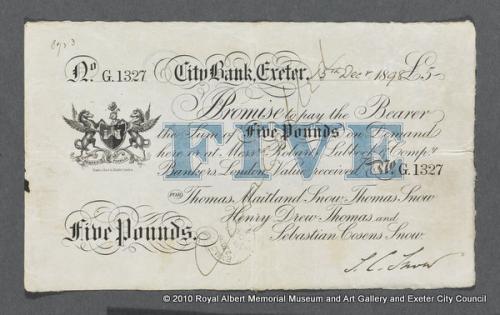 A five pound note of City Bank, Exeter