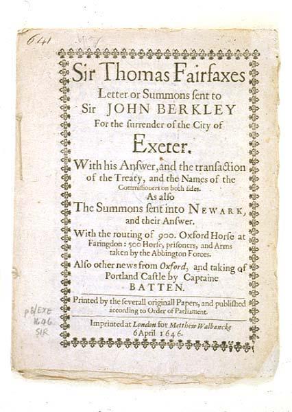 A tract recording the negotiations leading to the surrender of Exeter