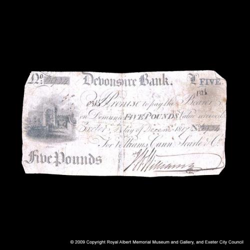 A five pound  note of the Devonshire Bank