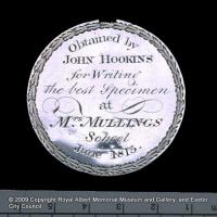 Medal awarded by Mulling’s school to John Hookins (reverse)