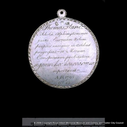 The silver medal awarded to Thomas Plane (reverse)