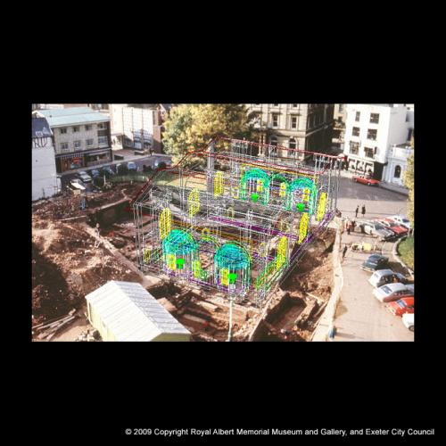 Wire–frame model of the bath–house superimposed over a photograph of the excavation
