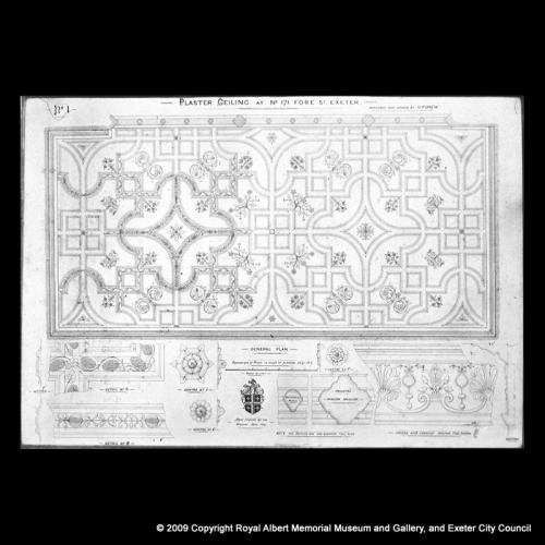 Drawing of plasterwork ceiling at 170–1 Fore Street